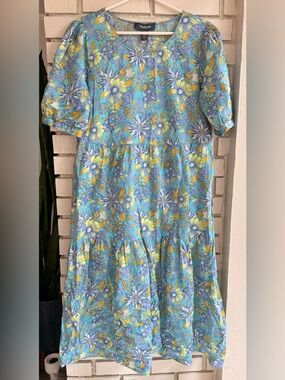 ModCloth Blue Floral Tiered Midi Dress Puff Sleeve Cottagecore Boho Women's